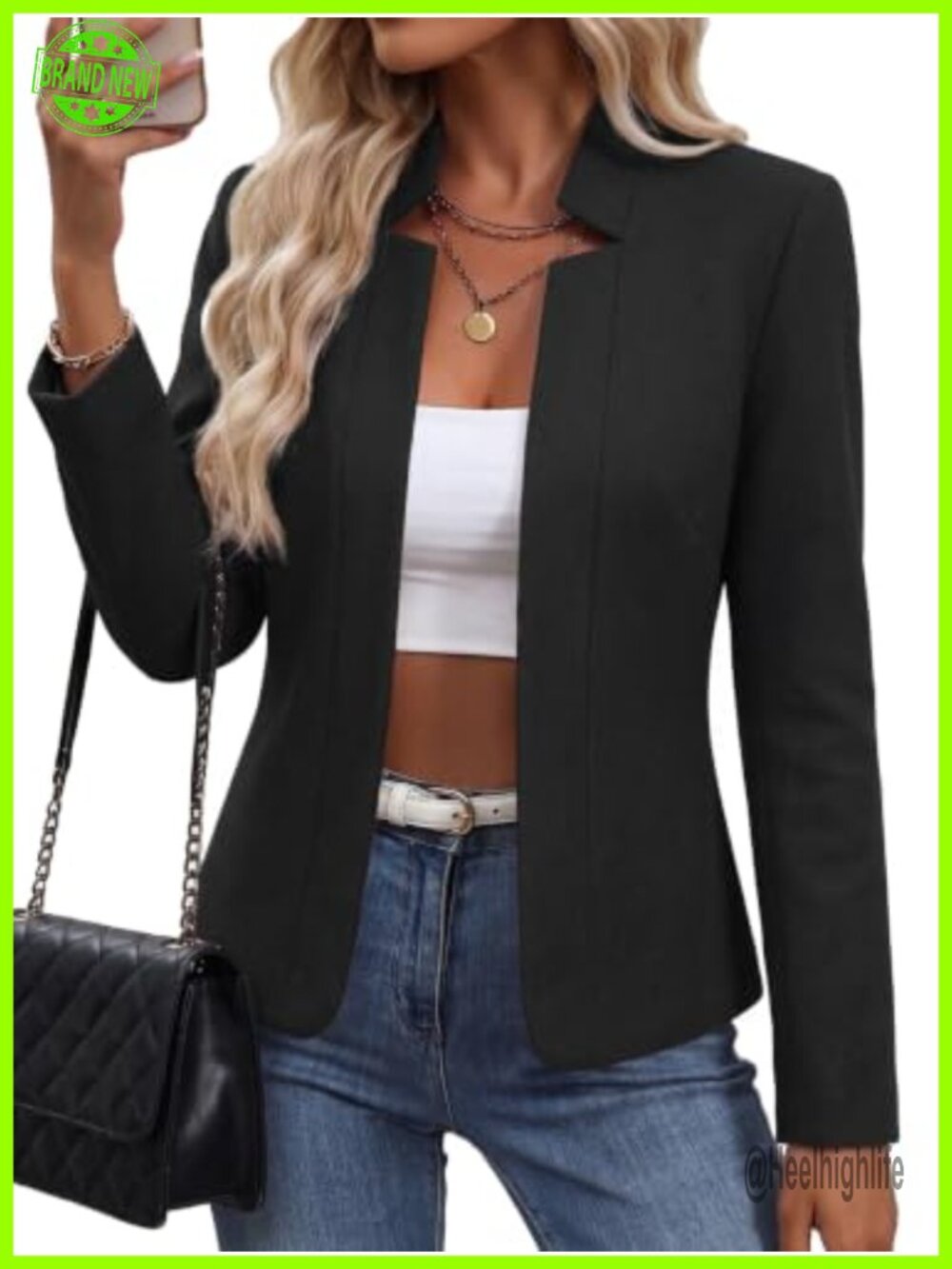 Women's Open Front Tweed Blazer Plaid Fitted Wool Blend Jacket